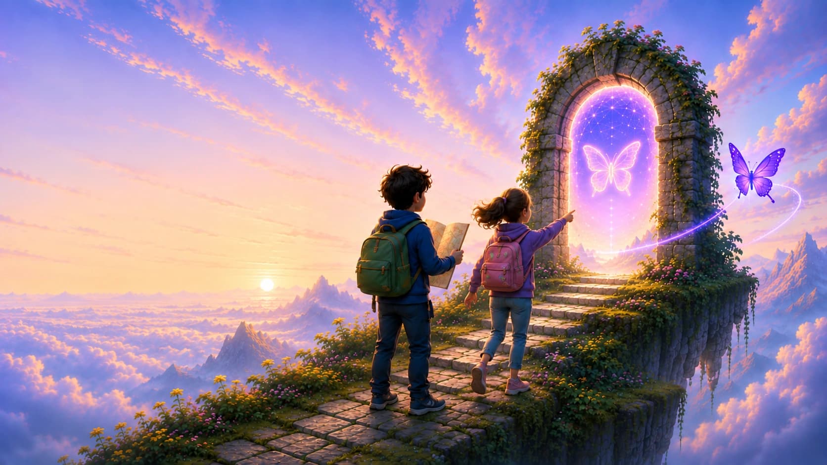 Two young explorers on a floating stone path walk toward a glowing portal
